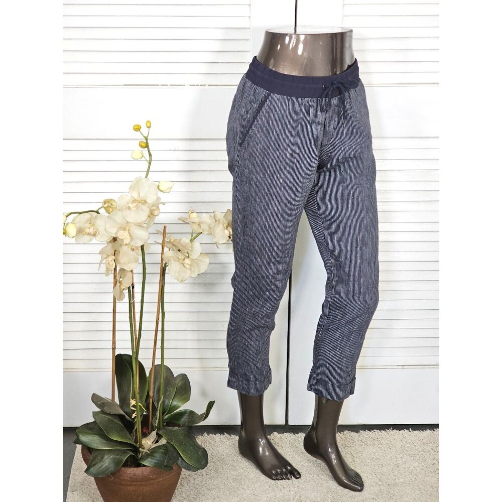 Athleta Women's Bali Navy Blue Linen Striped Bali Crop Pants Size 4 1678 - Picture 3 of 14